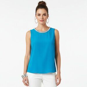 Karl Lagerfeld Blue Sleeveless Pearl Embellished Neck Tank Top S